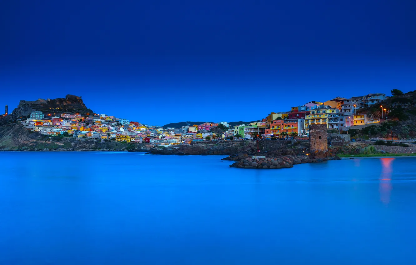 Photo wallpaper night, lights, castle, village, Italy, Bay, Sardinia