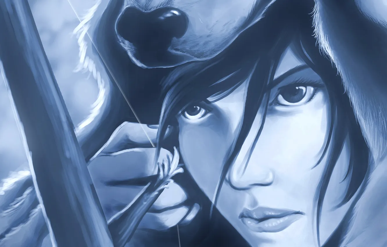 Photo wallpaper eyes, look, girl, face, weapons, hair, the game, bow