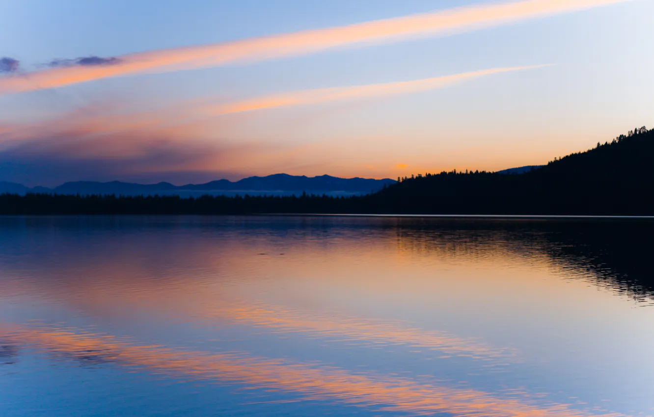 Photo wallpaper forest, the sky, water, clouds, sunset, reflection, the evening