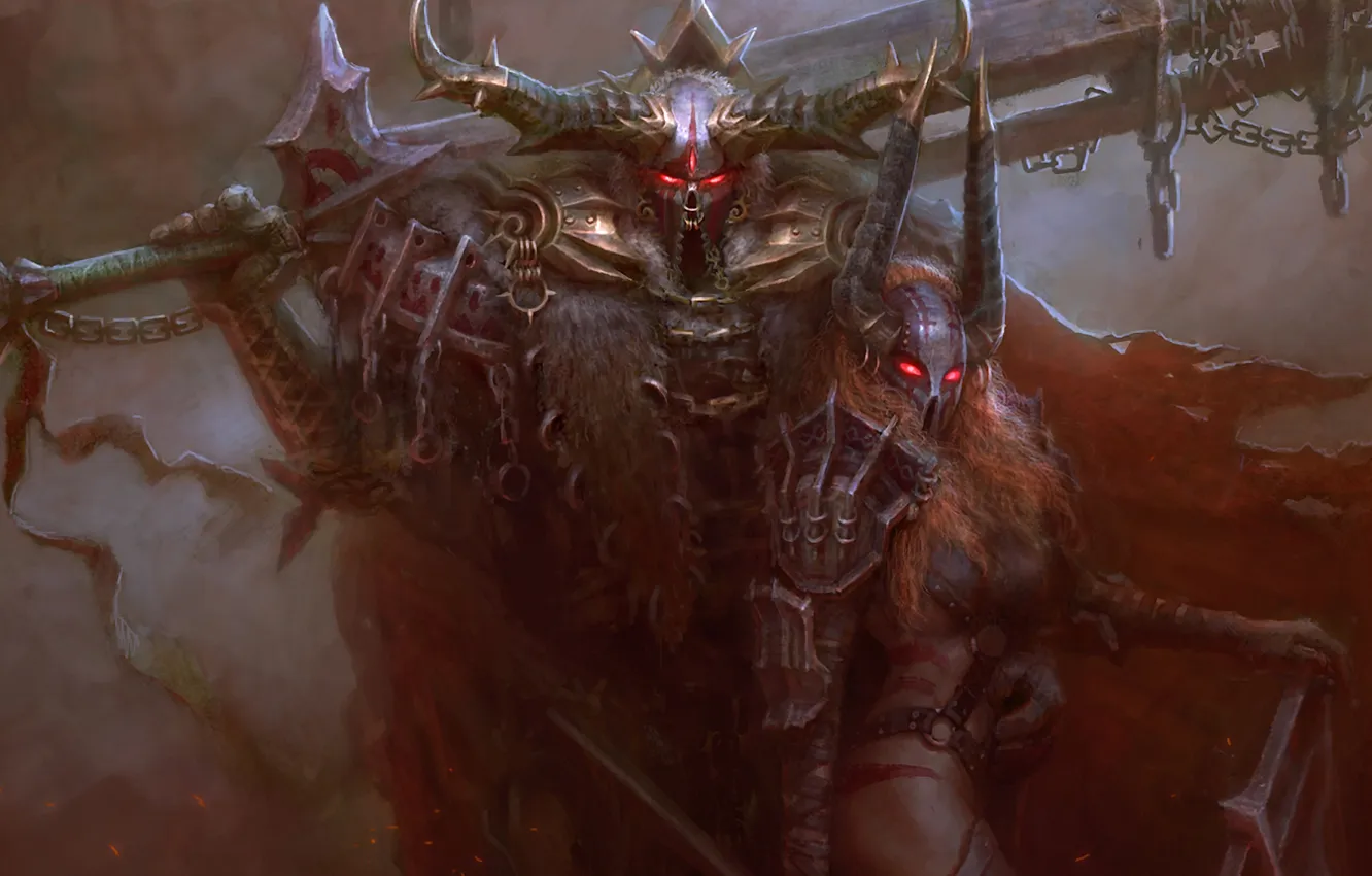 Photo wallpaper sword, armor, Warrior, horns, helmet, chain, warrior, burning eyes