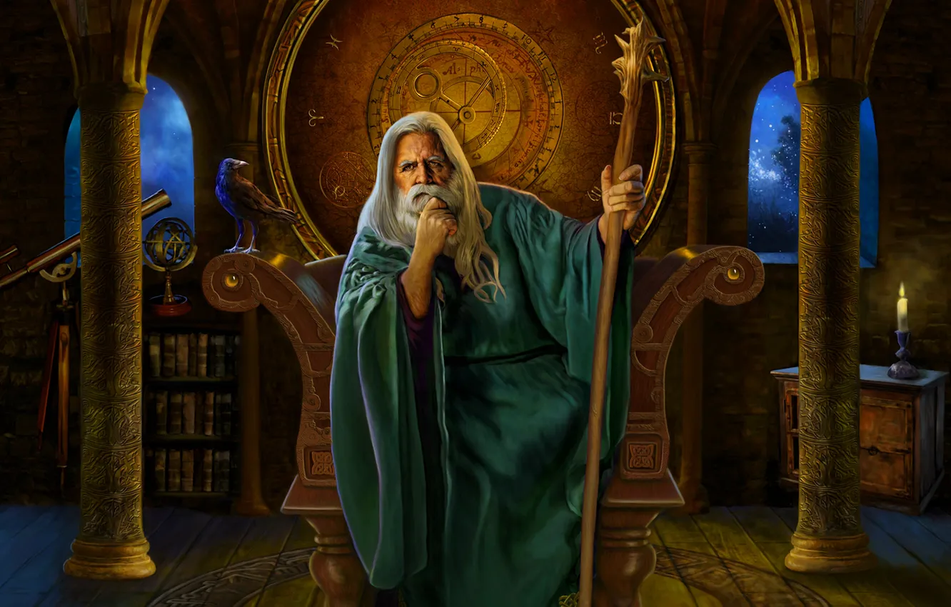 Photo wallpaper stars, night, castle, room, bird, candles, book, staff