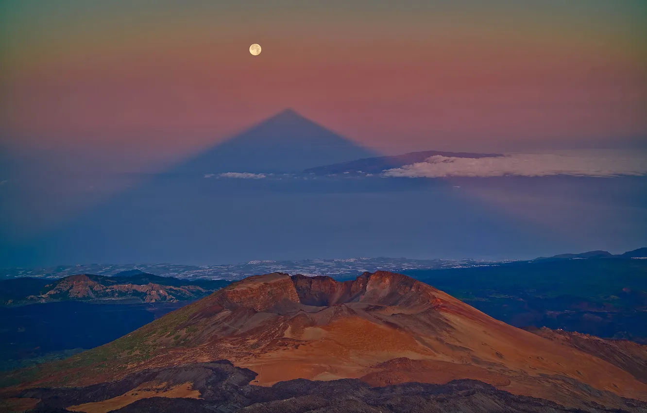 Photo wallpaper mountains, the moon, shadow, the volcano, Tenerife, The Canary Islands, Mount Teide, Pico Viejo