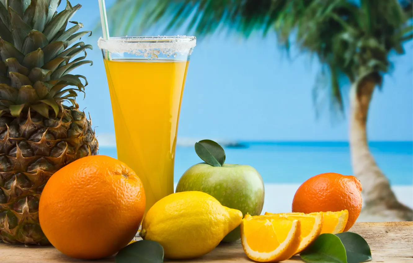 Photo wallpaper sand, sea, the sky, palm trees, lemon, apples, glass, orange