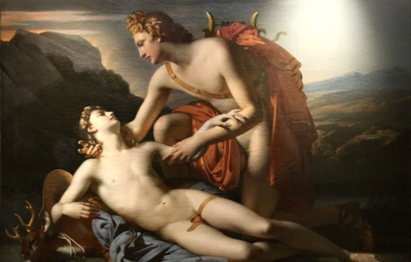 Photo wallpaper picture, two, the young man, French painter, Claude-Marie Dubuff, Claude Marie Dubufe, Apollo and Cypress