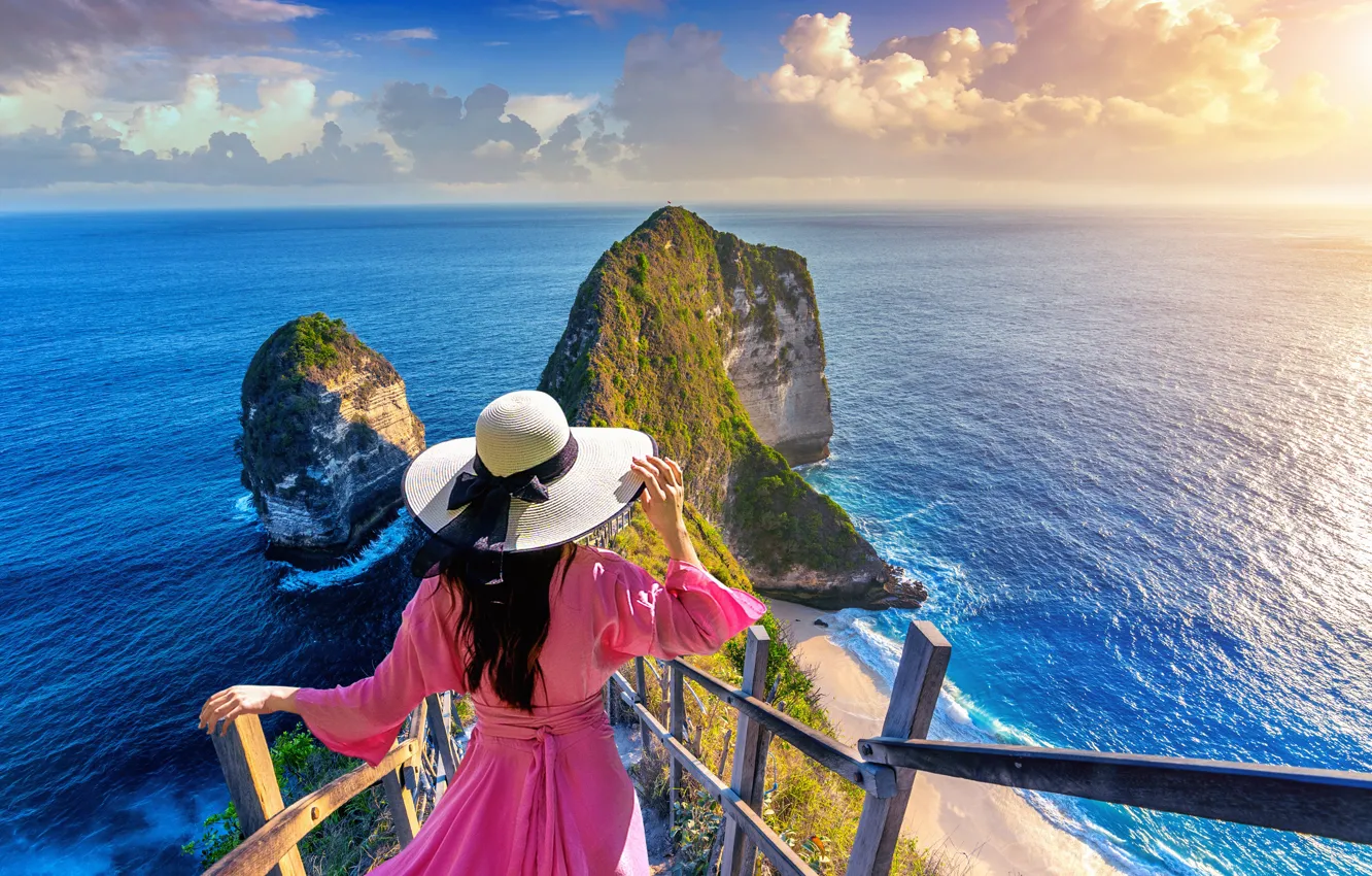 Photo wallpaper sea, girl, nature, stones, rocks, hat