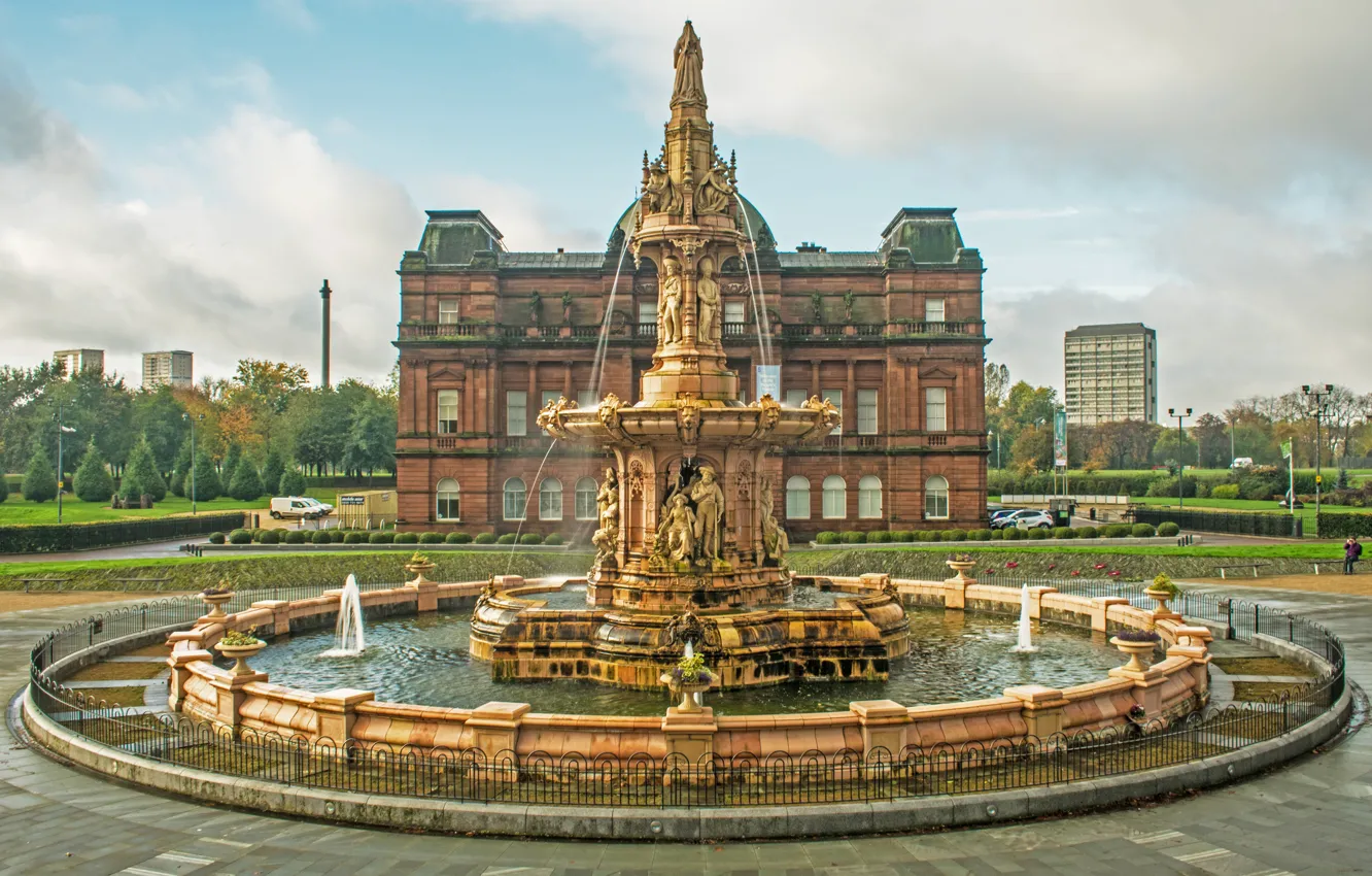 Photo wallpaper Park, building, home, Scotland, fountain, Scotland, Glasgow, Glasgow