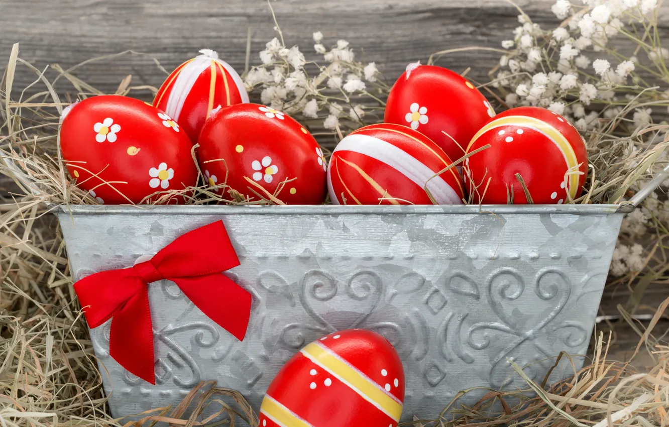 Photo wallpaper eggs, Easter, red, flowers, Easter, eggs