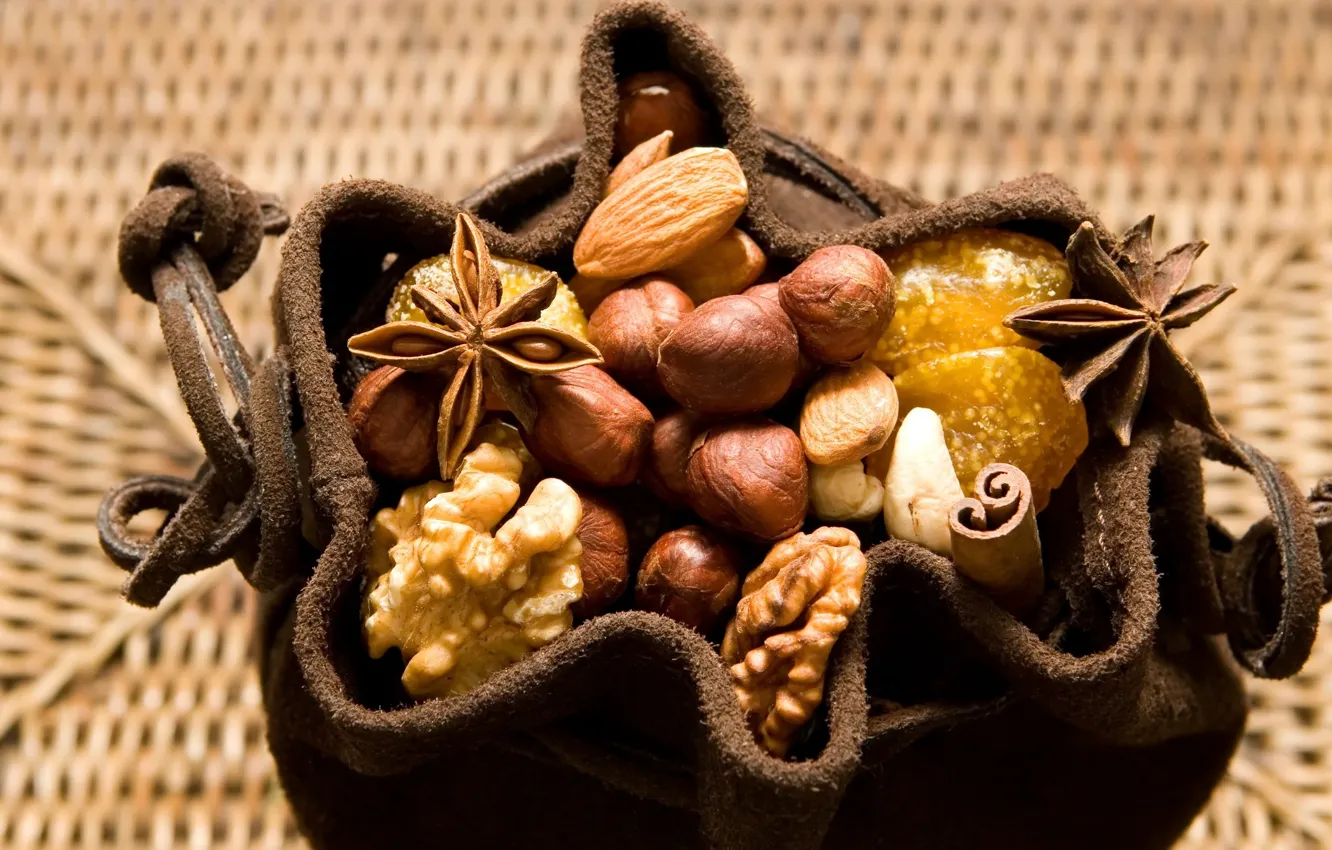 Photo wallpaper macro, food, nuts, nuts, almonds, pouch