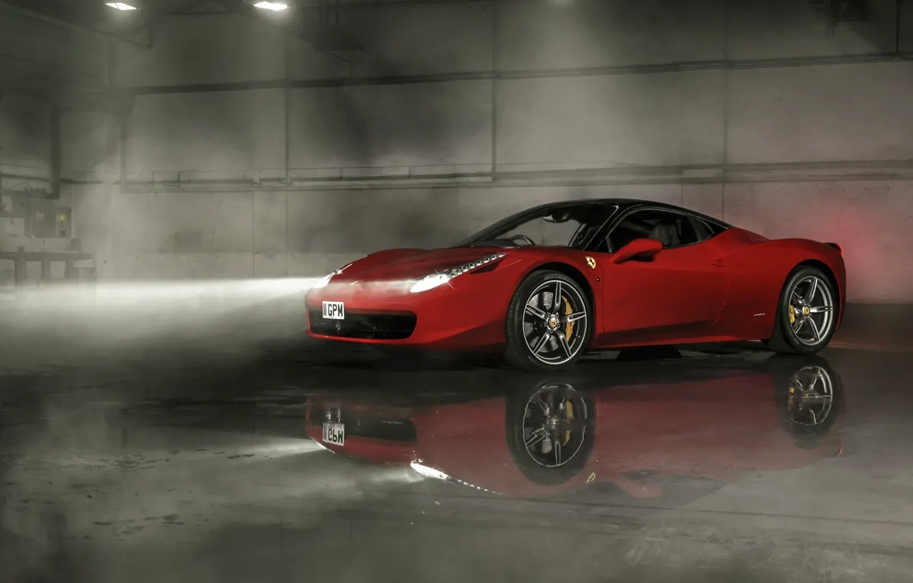 Photo wallpaper Ferrari, Red, 458, Front, Smoke, Italia, Wheels, Reflection