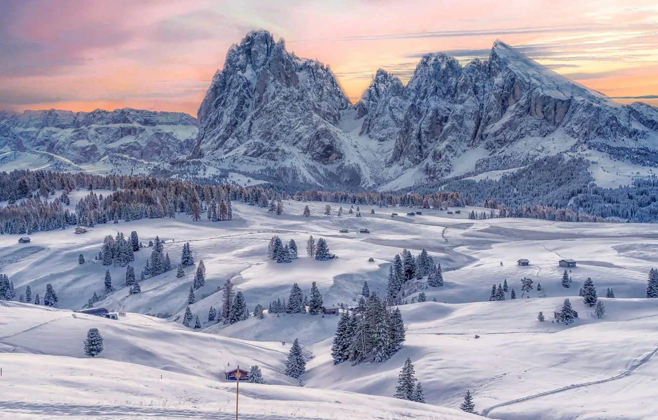 Photo wallpaper winter, snow, trees, sunset, mountains, Italy, Trentino-Alto Adige