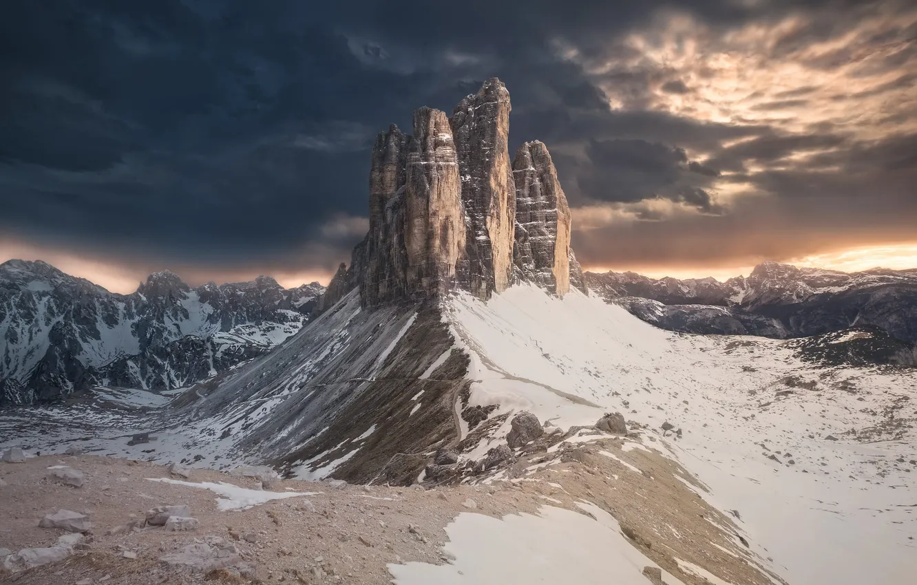 Photo wallpaper the sky, snow, mountains, clouds, stones, rocks