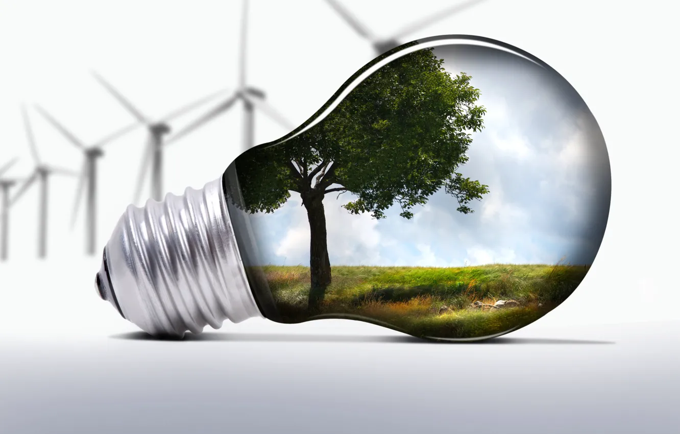 Photo wallpaper light bulb, nature, windmills, ecology