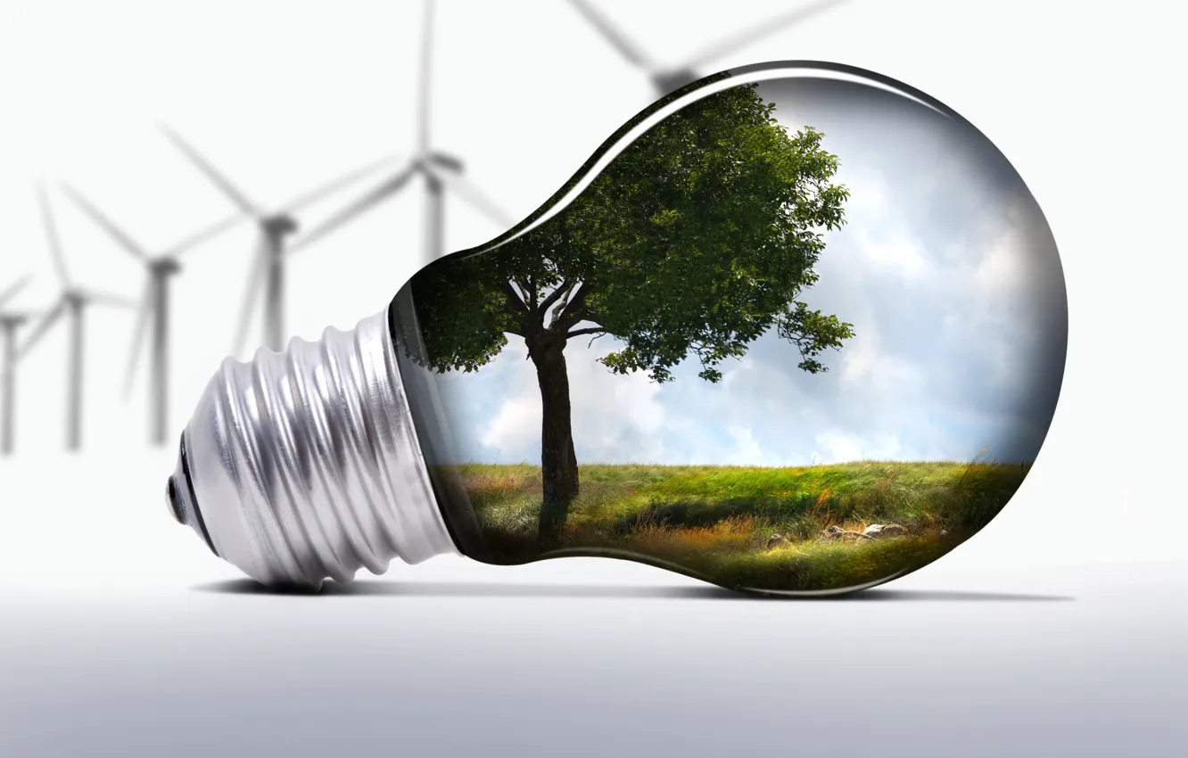 Photo wallpaper nature, windmills, ecology, light bulb