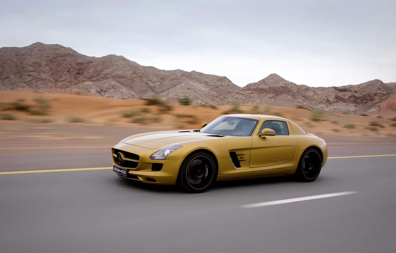 Photo wallpaper yellow, Mercedes-Benz, speed, SLS AMG