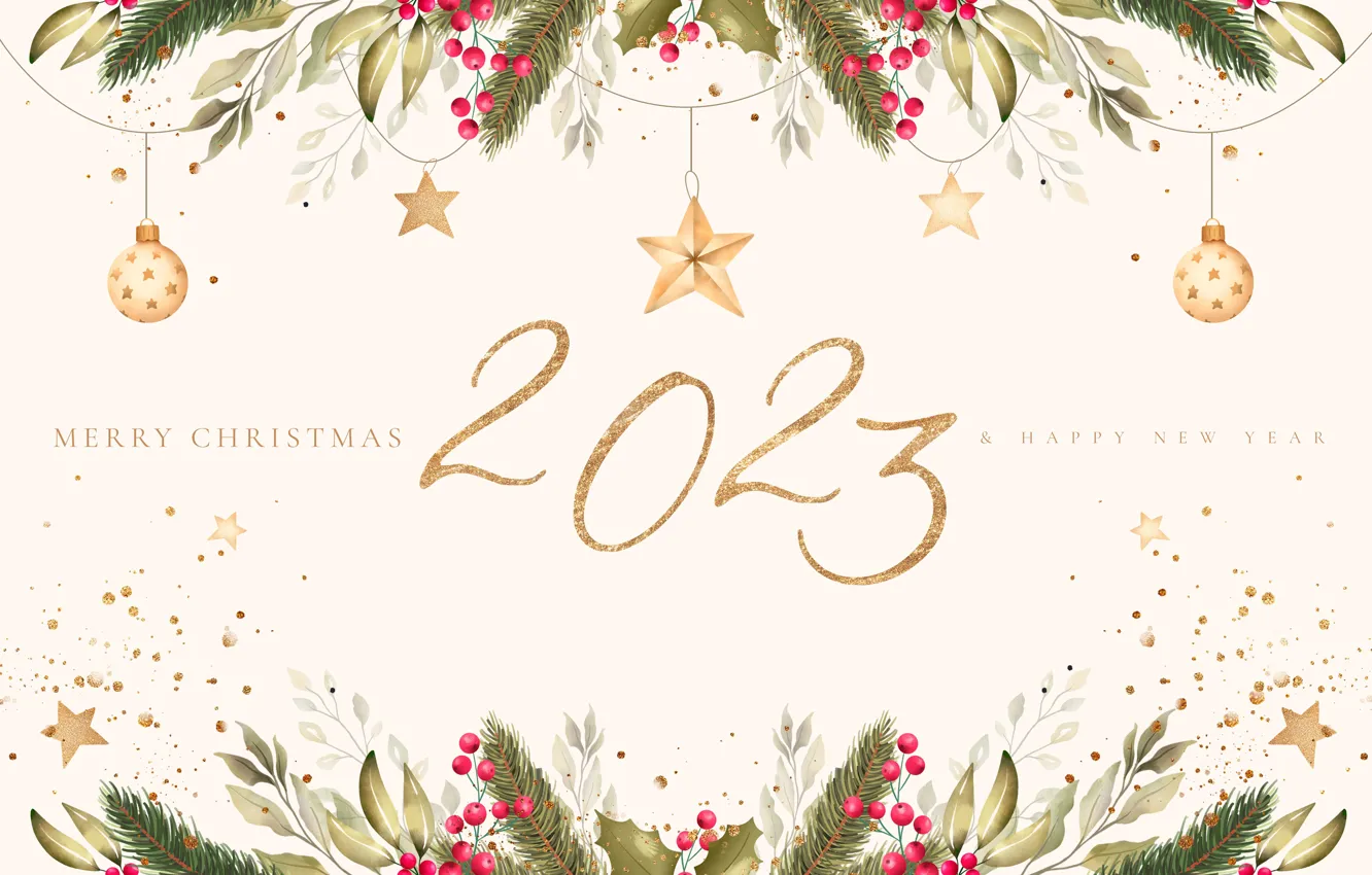 Photo wallpaper balls, branches, the inscription, figure, new year, fruit, figures, needles