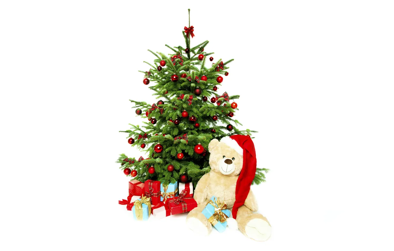 Photo wallpaper holiday, balls, hat, toys, tree, bear, gifts, red