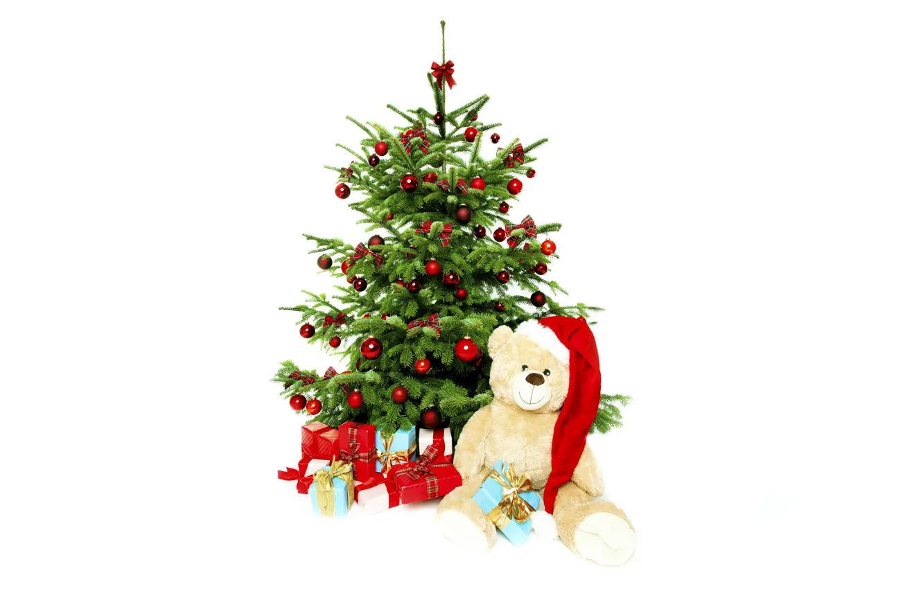 Photo wallpaper red, holiday, gift, balls, hat, toy, tree, new year
