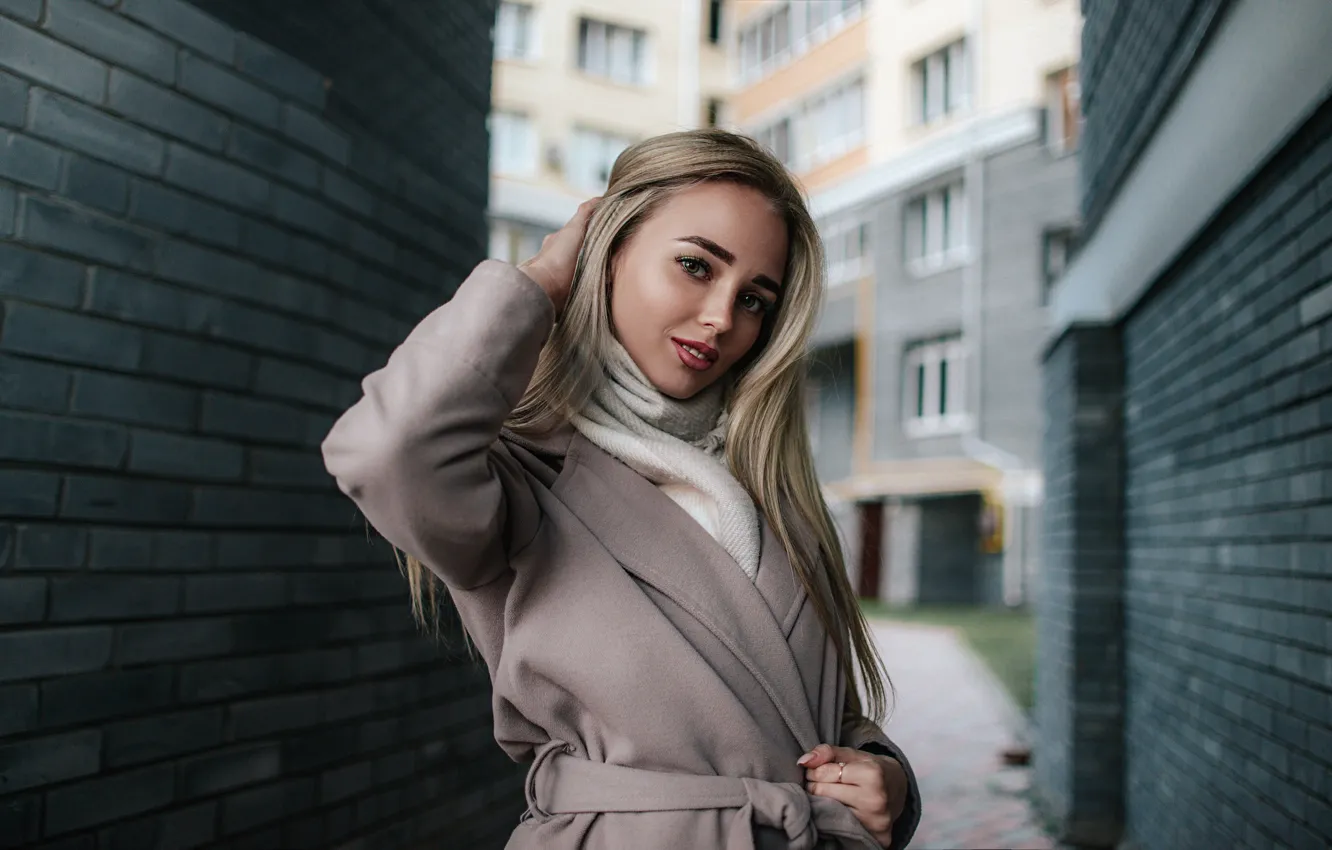 Photo wallpaper Girl, Look, Smile, yard, blonde, coat, Sasha Rusko