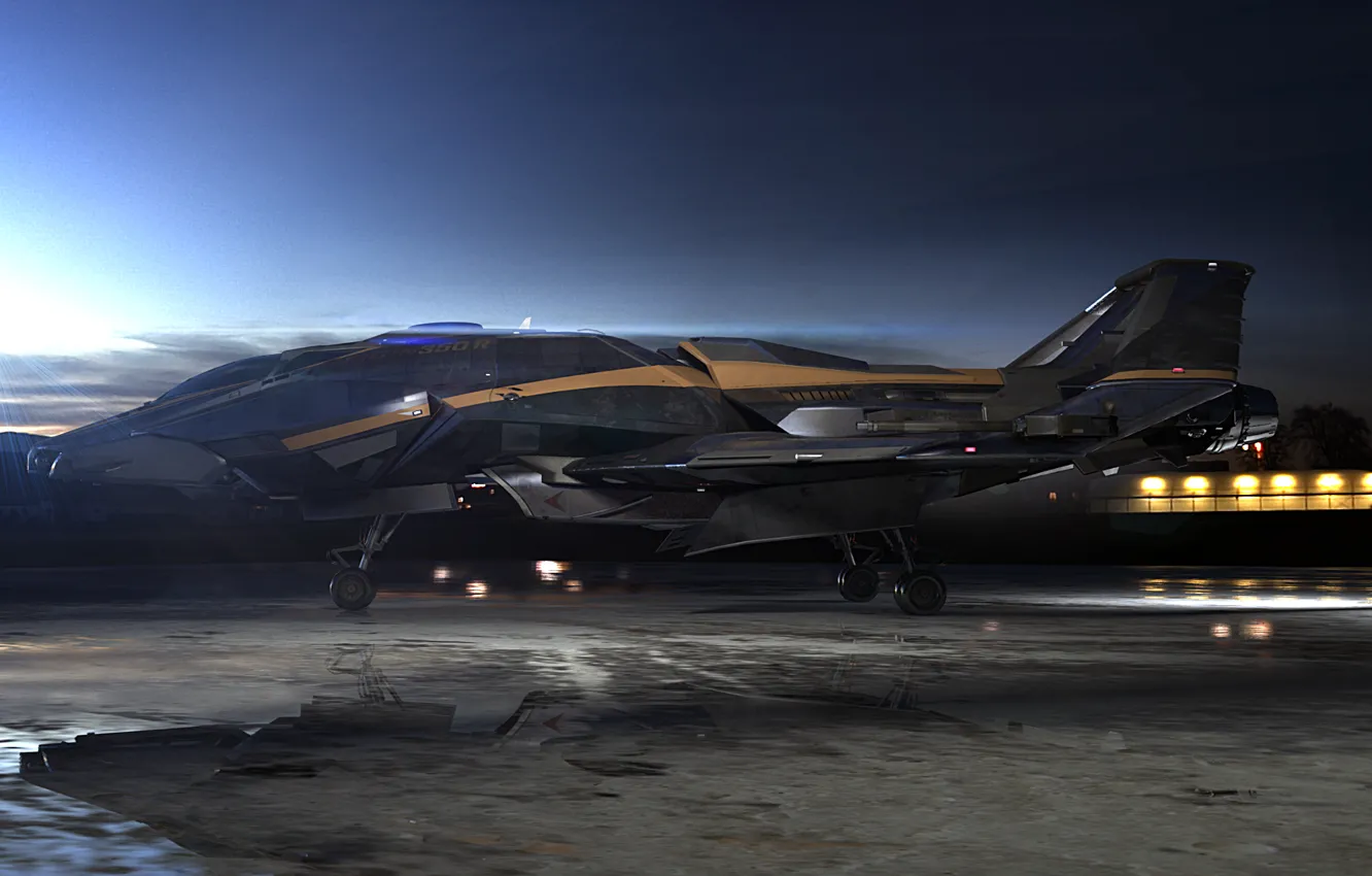 Photo wallpaper the sky, space, clouds, sunset, ship, fighter, space, fighter