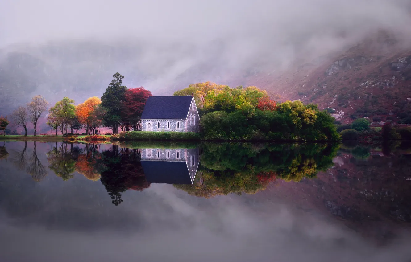 Photo wallpaper autumn, reflection, trees, mountains, fog, lake, house