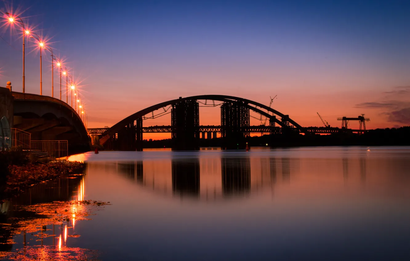 Photo wallpaper sunset, bridge, river, Kiev, Dnepr, podolskis
