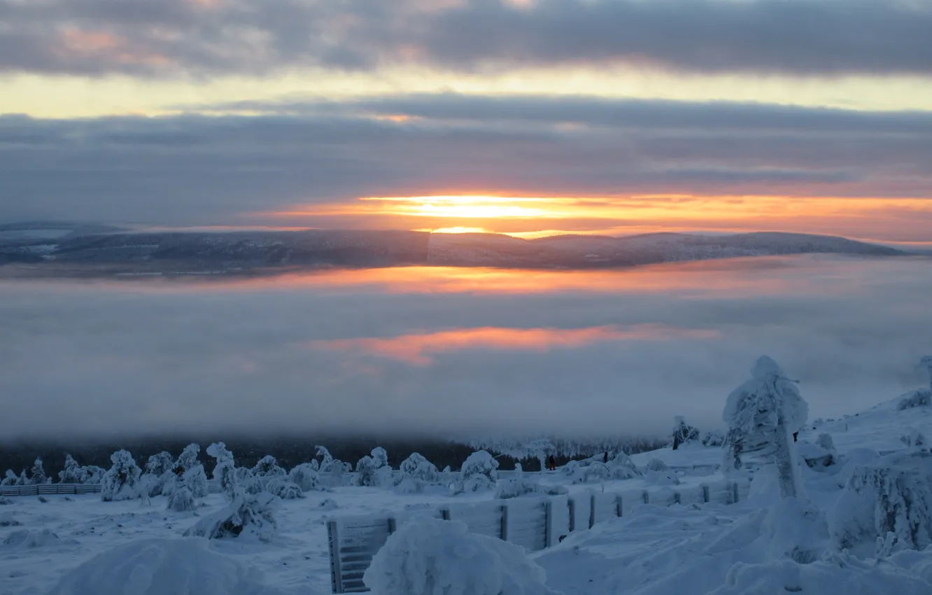 Photo wallpaper winter, dawn, obloka, Finland, the sun