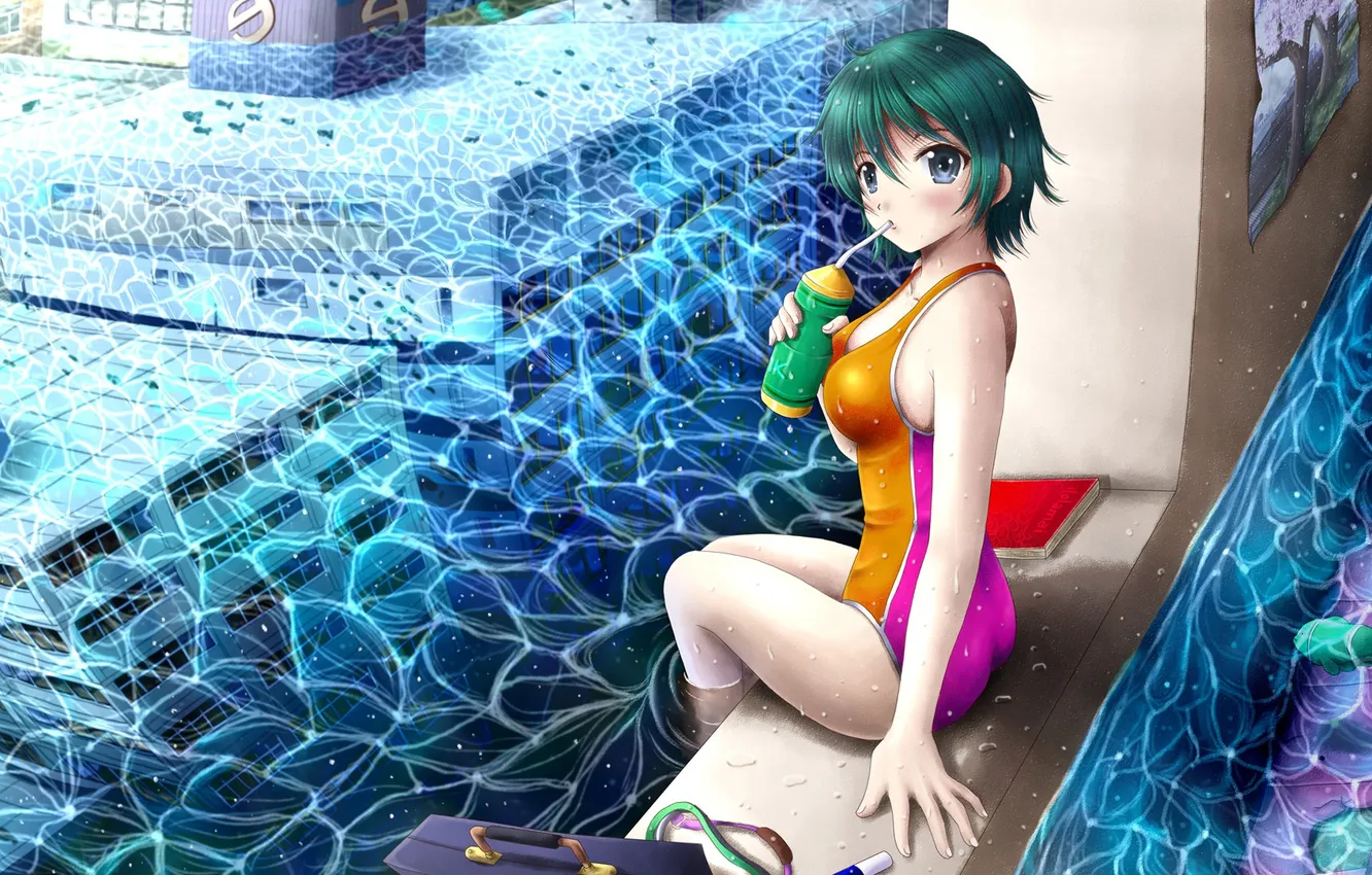 Photo wallpaper swimsuit, water, girl, fish, anime, pool, Sakura, poster