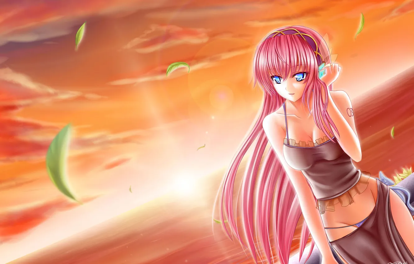 Photo wallpaper leaves, girl, sunset, anime