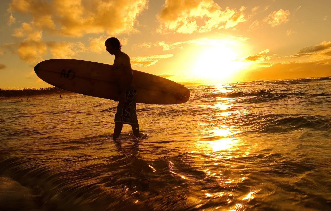 Photo wallpaper wave, the sky, the sun, clouds, light, sunset, the ocean, coast