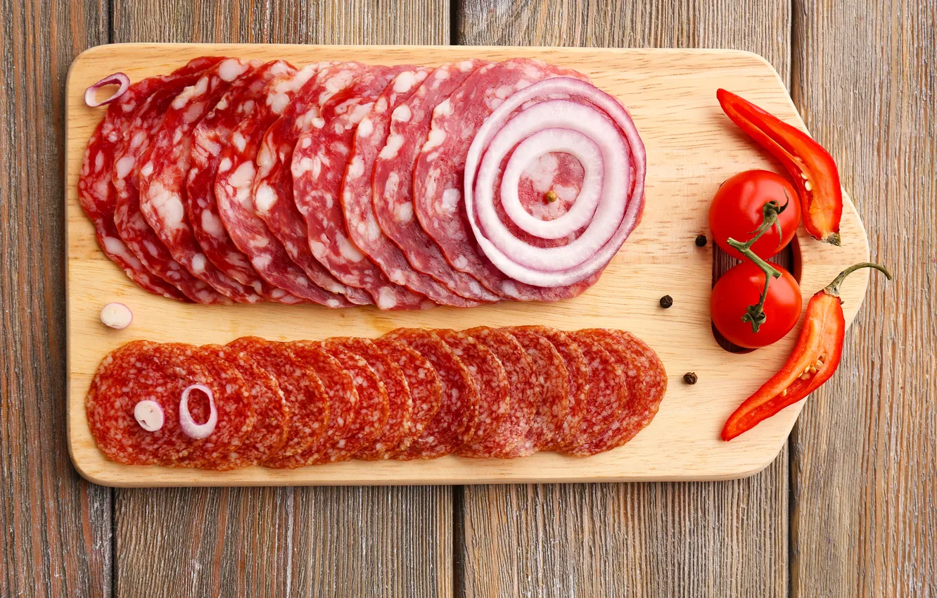 Photo wallpaper pepper, tomatoes, sausage, peppers, salami, tomato, sausage