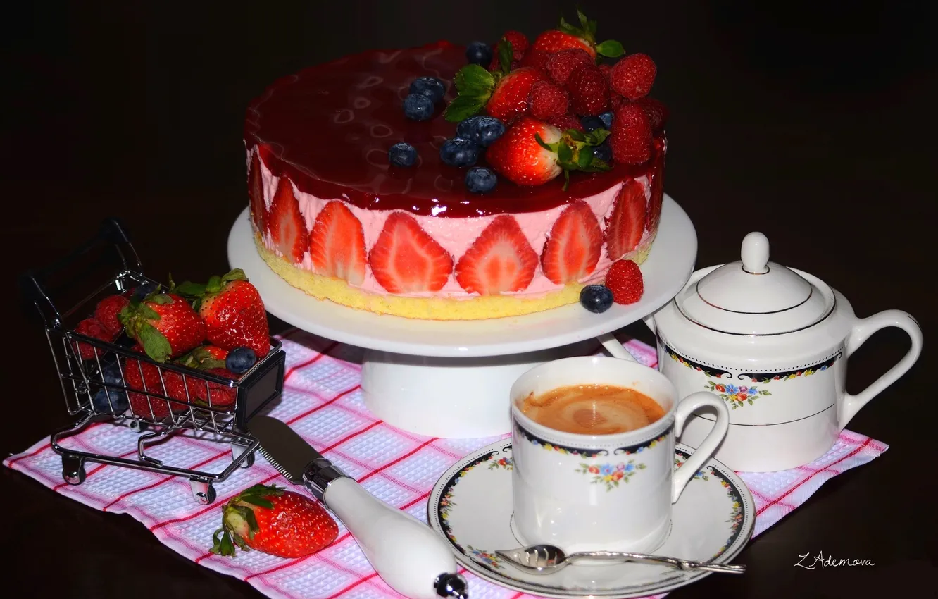 Photo wallpaper berries, raspberry, coffee, strawberry, cake, blueberries
