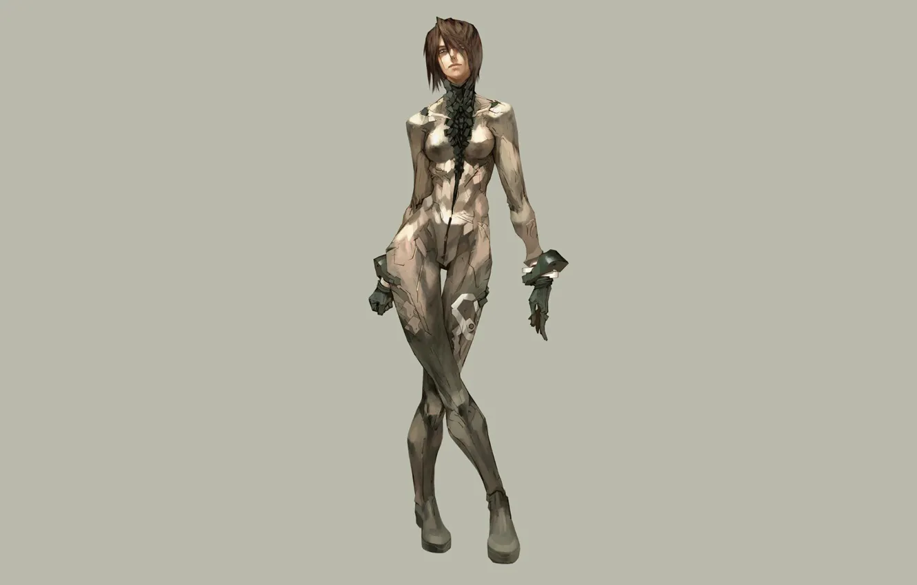 Photo wallpaper girl, minimalism, grey background, cyberpunk, cyber suit, short hairstyle, cyber