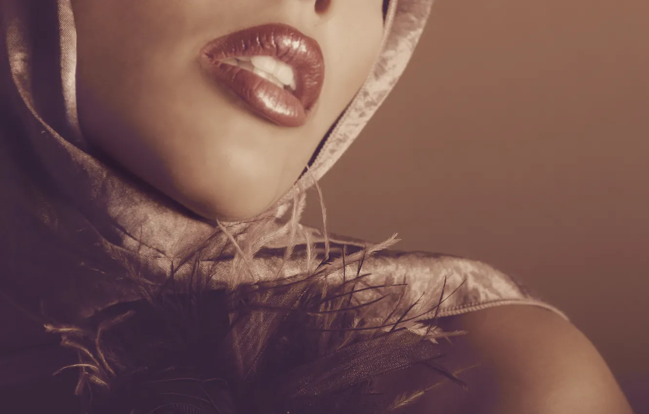 Photo wallpaper girl, retro, tenderness, coffee, chocolate, feathers, lips, softness