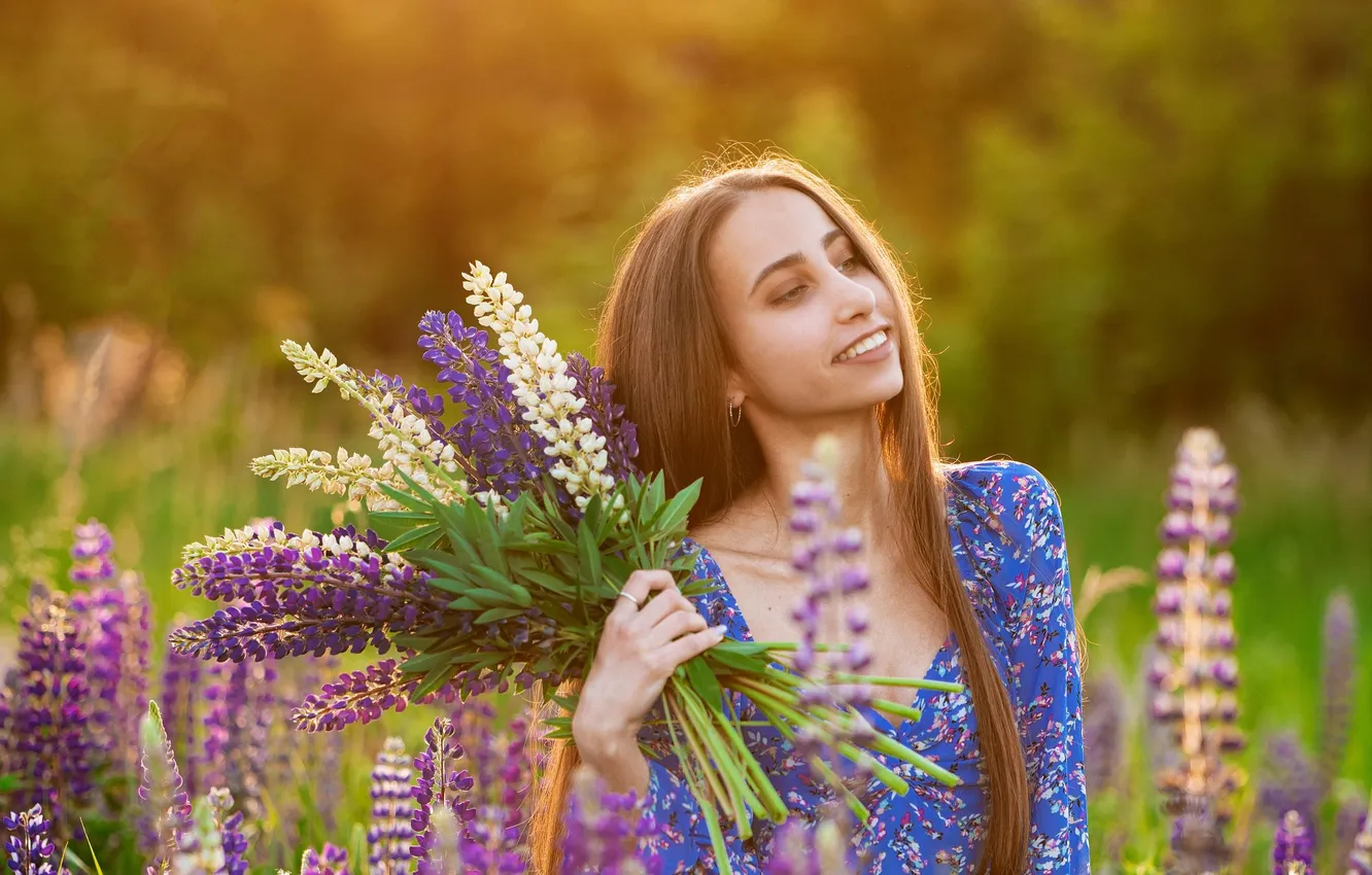 Photo wallpaper field, girl, flowers, Alexander Belolipetsky, photo shoot with lupines