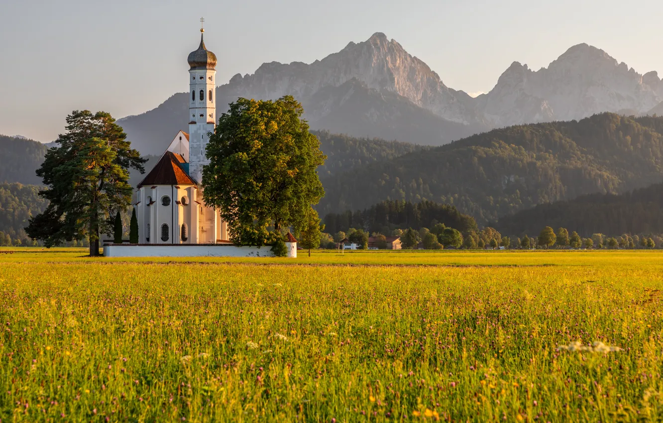Photo wallpaper tops, Alps, mountains, Church, field, trees, rocks