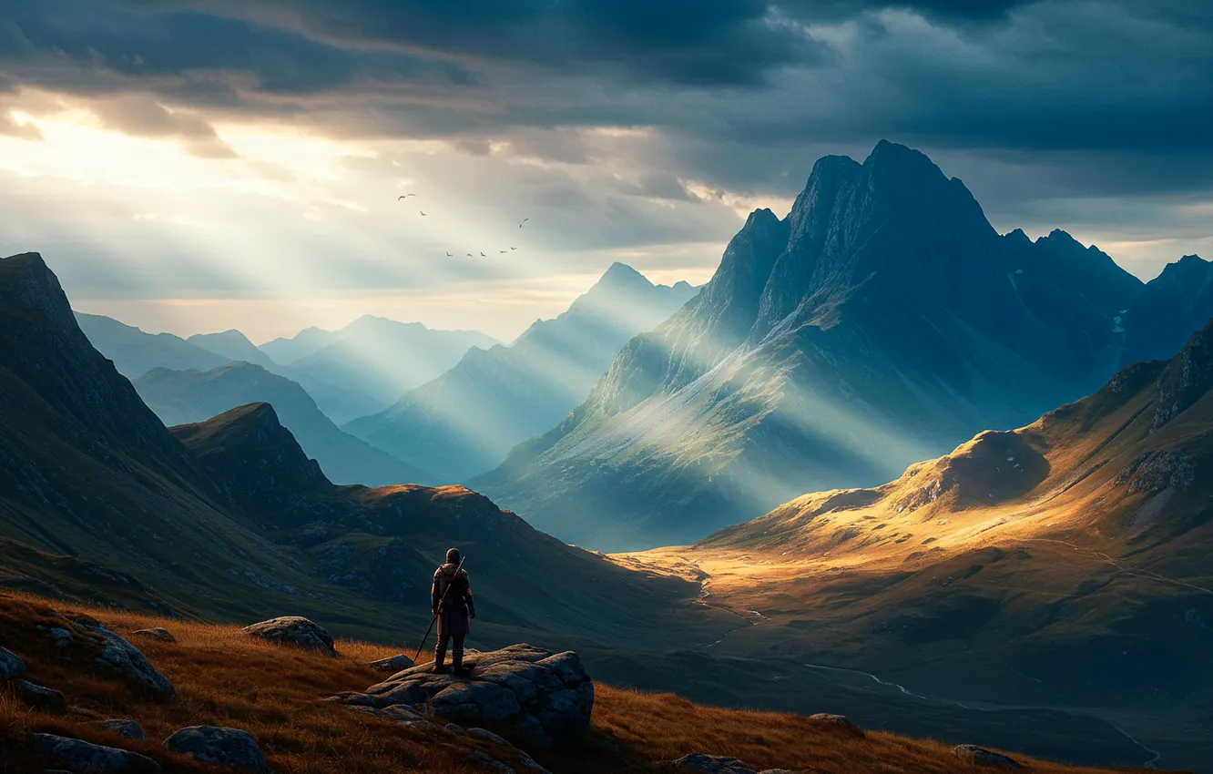 Photo wallpaper the sky, clouds, mountains, figure, art, wallpaper, fantasy, the rays of the sun