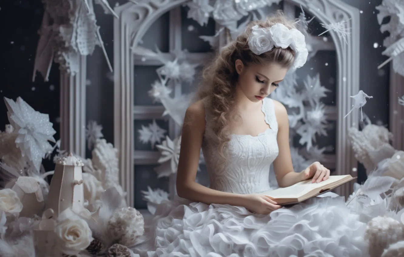 Photo wallpaper winter, frost, girl, snow, pose, room, roses, book