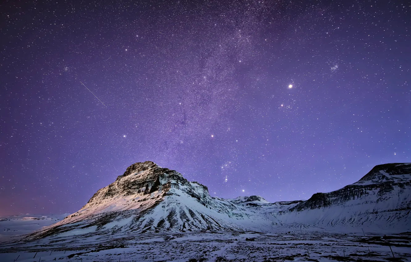 Photo wallpaper the sky, stars, snow, mountains, night, The Milky Way, Iceland, lilac