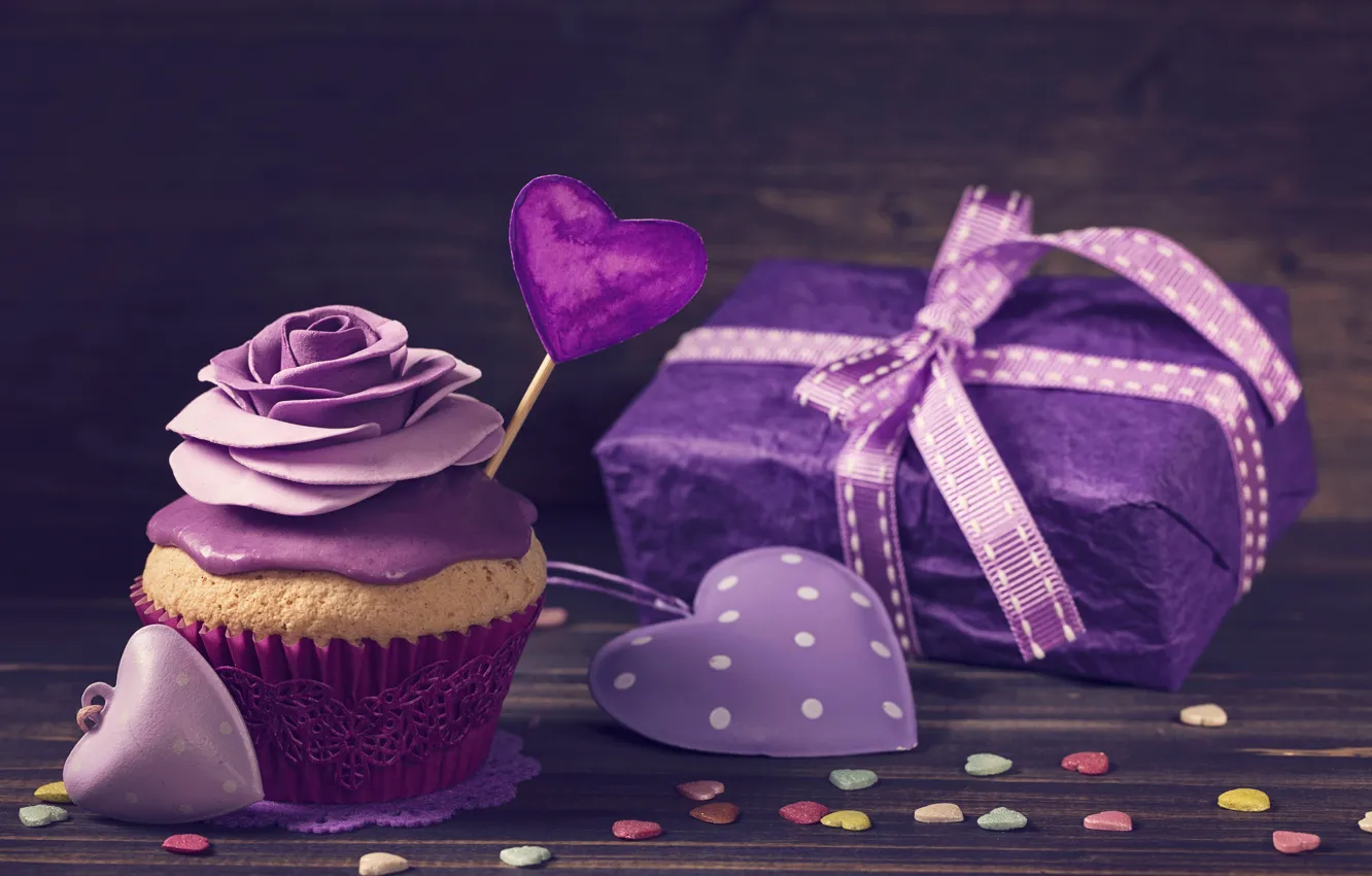 Photo wallpaper gift, rose, tape, hearts, decoration, cream, cupcake, purple