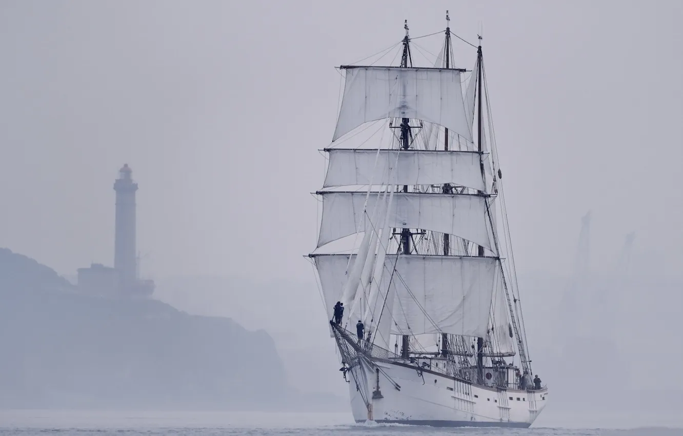 Photo wallpaper fog, lighthouse, ship, sailboat, white sails