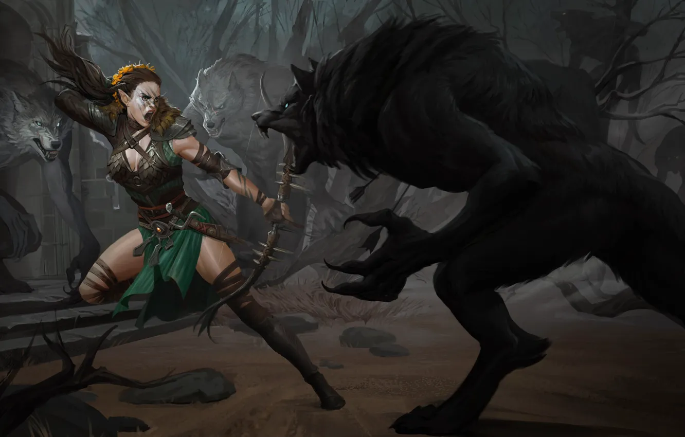Photo wallpaper forest, girl, bow, Archer, claws, fangs, werewolf, fight