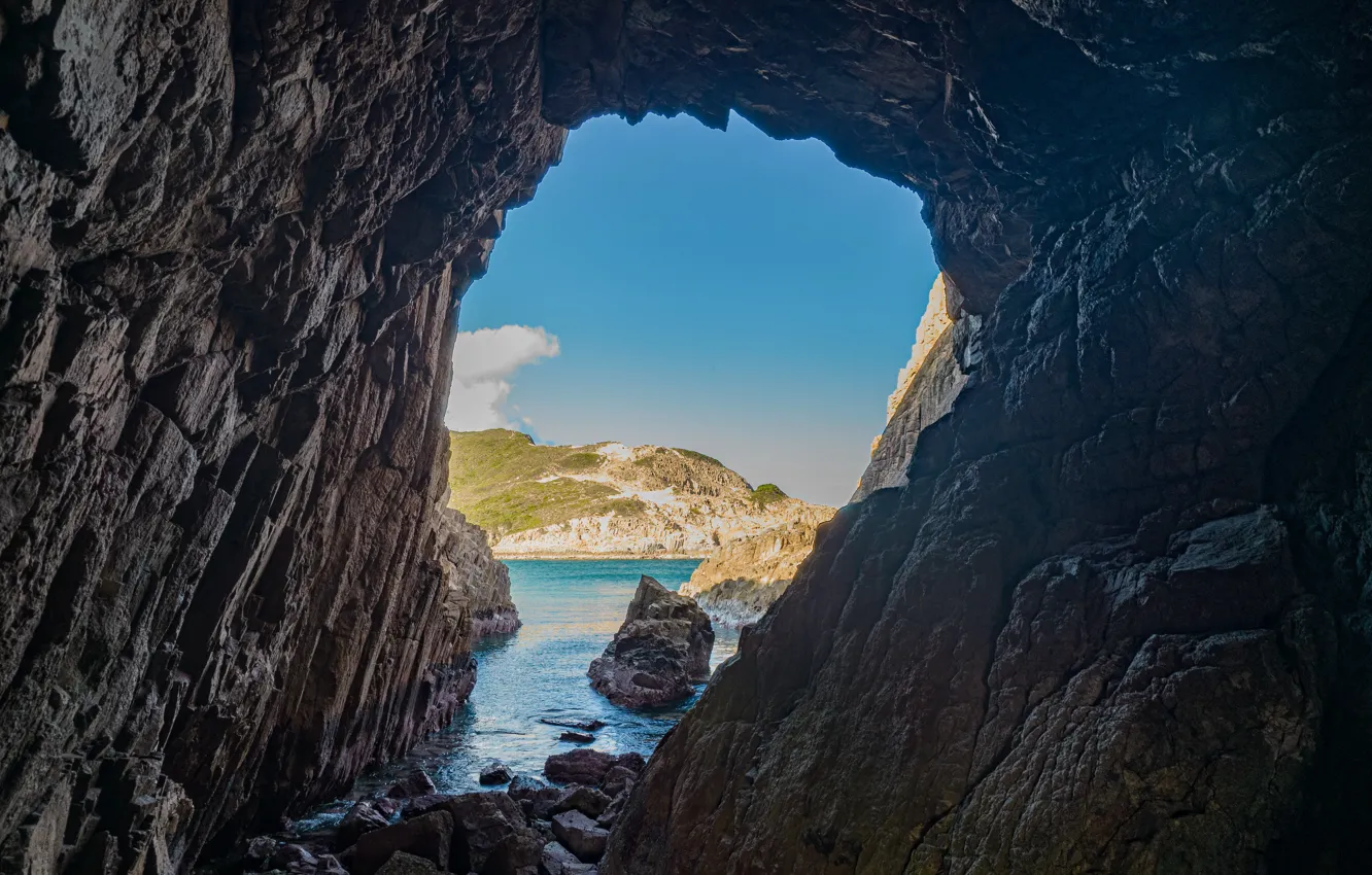 Photo wallpaper sea, mountains, blue, stones, rocks, shore, view, arch
