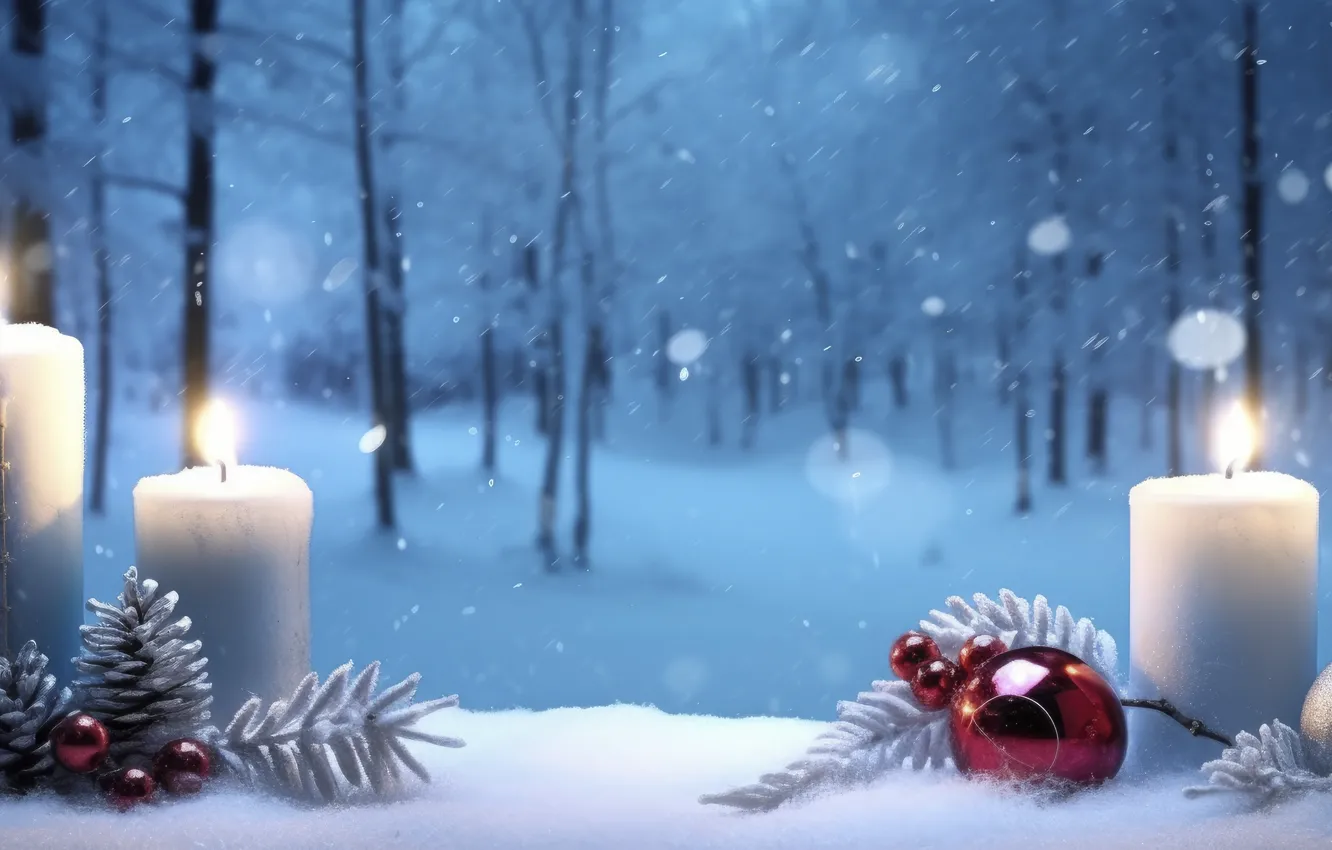 Photo wallpaper winter, frost, forest, balls, snow, trees, winter, new year