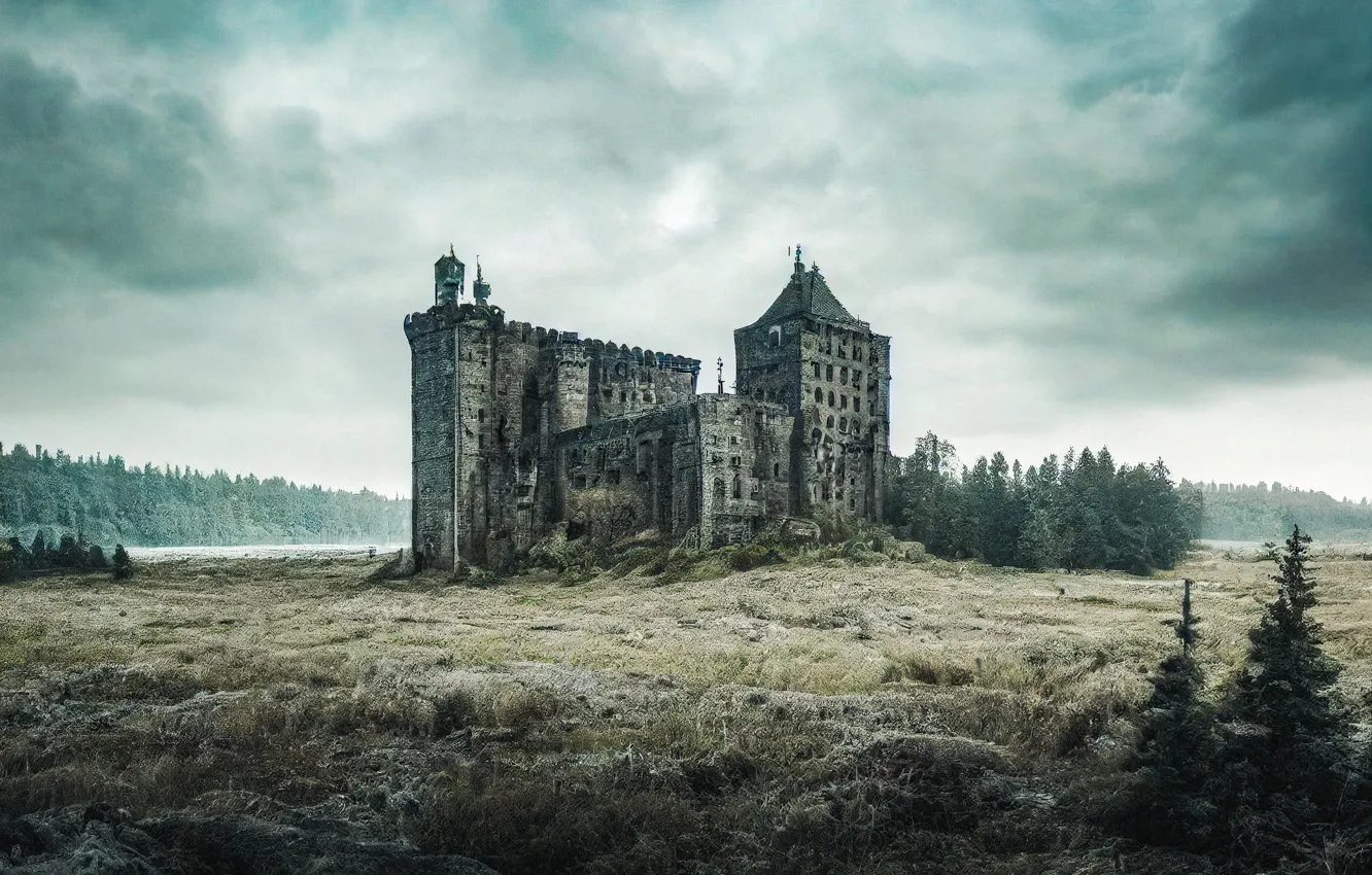 Photo wallpaper field, autumn, forest, the sky, clouds, landscape, clouds, nature