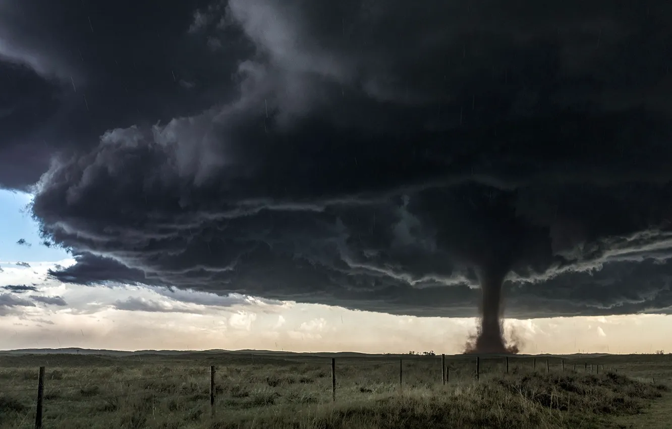 Photo wallpaper field, the fence, tornado