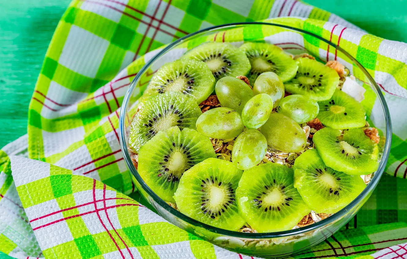 Photo wallpaper towel, kiwi, grapes, bowl, fruit