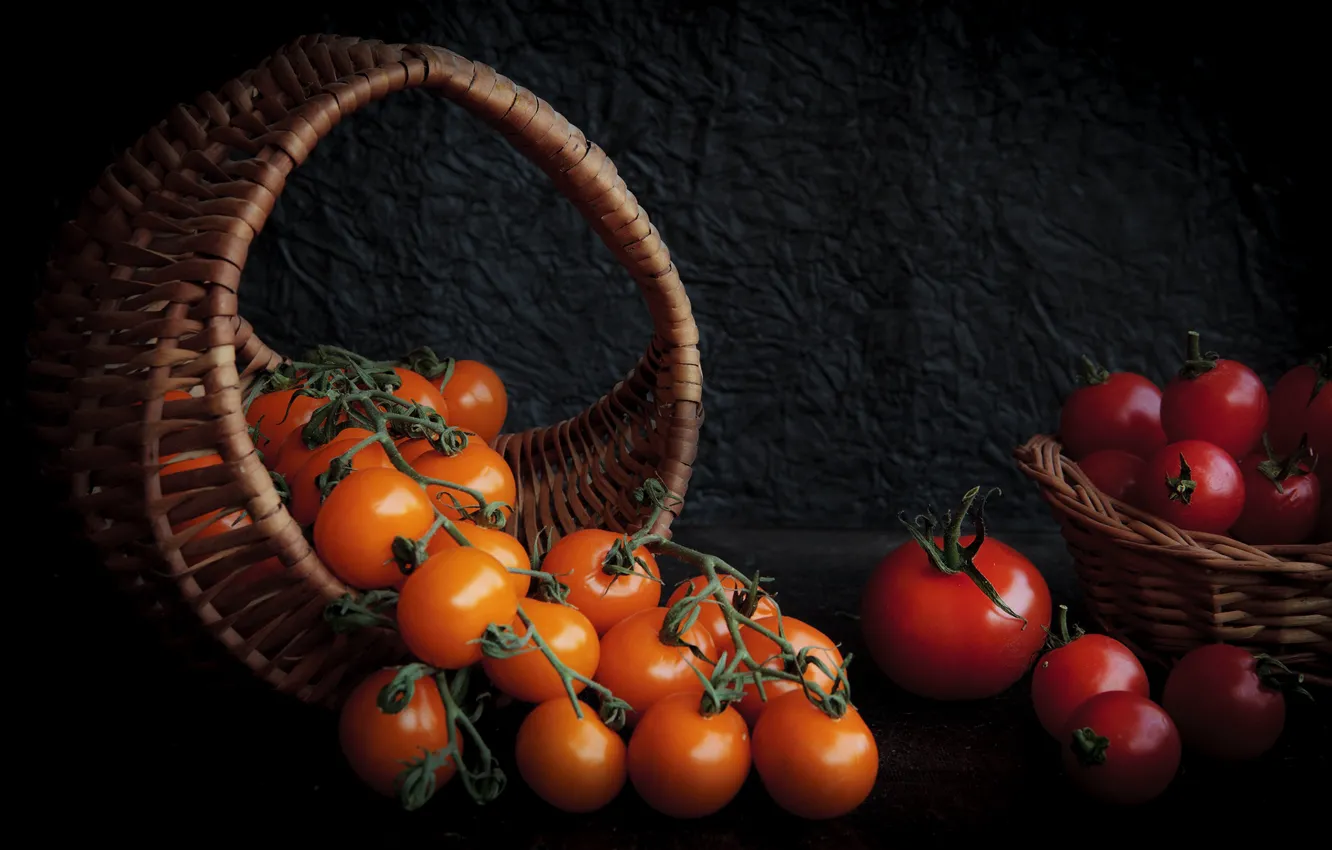 Photo wallpaper basket, bunch, tomatoes