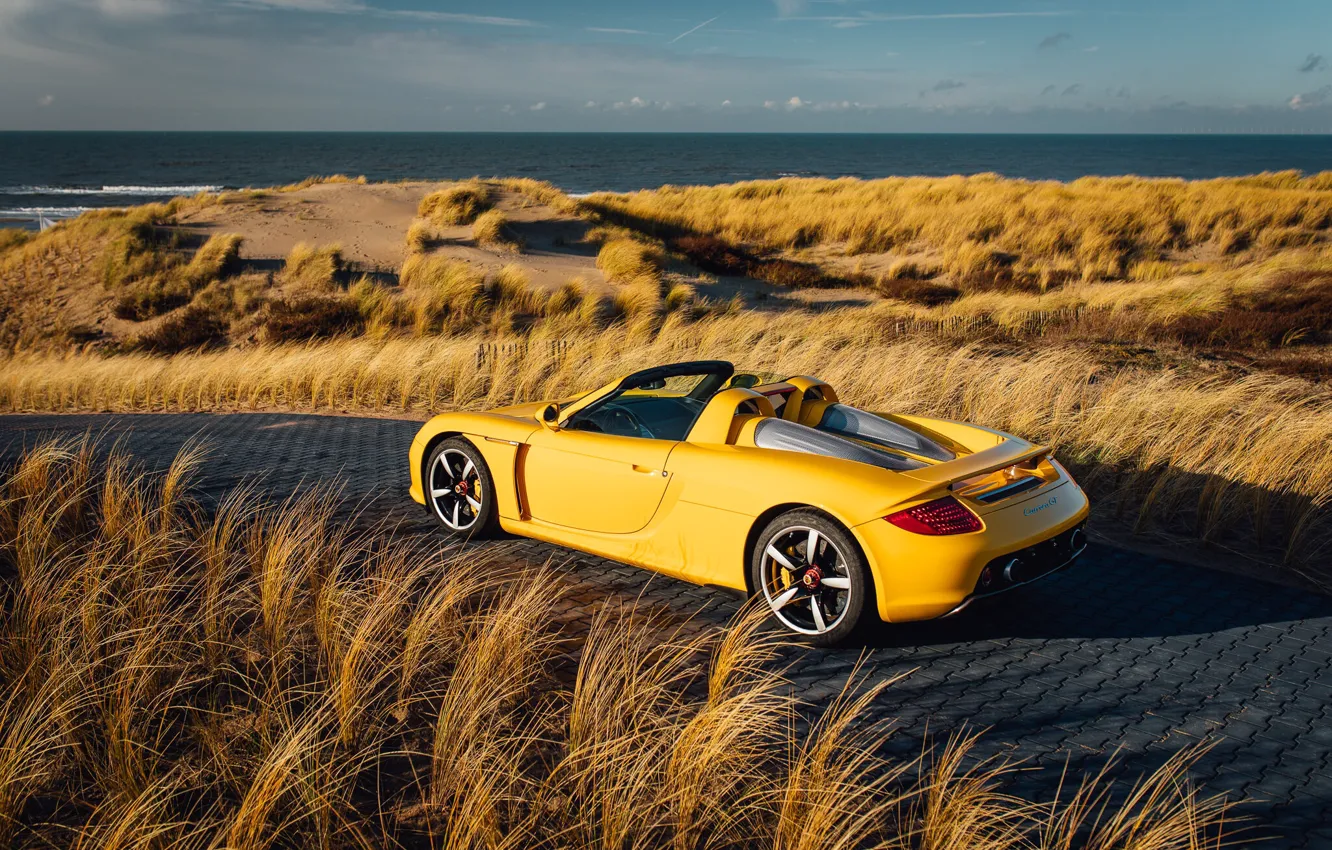 Photo wallpaper beach, yellow, supercar, Porsche Carrera GT