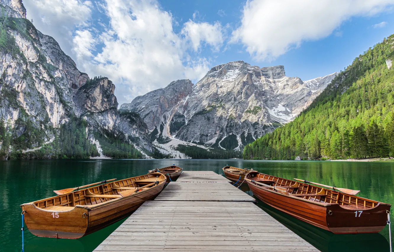 Photo wallpaper mountains, lake, Marina, boats, Italy, Italy, The Dolomites, South Tyrol