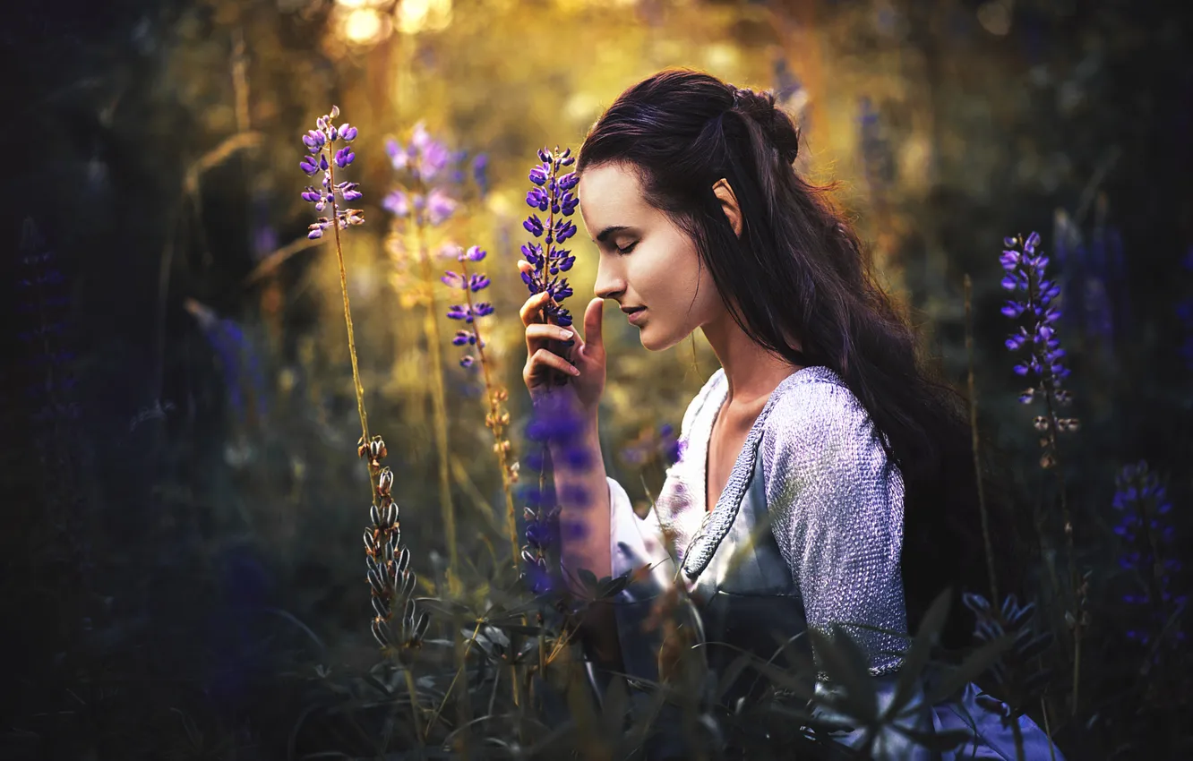 Photo wallpaper summer, girl, flowers, style, dress, brunette, fantasy, hairstyle